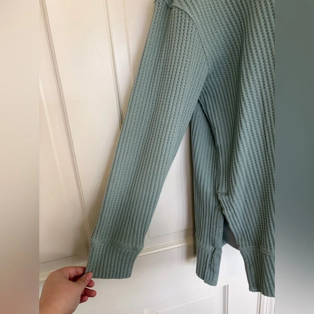 Women's Waffle Knit Long Sleeve Pullover - Sage Green - Picture 2 of 4